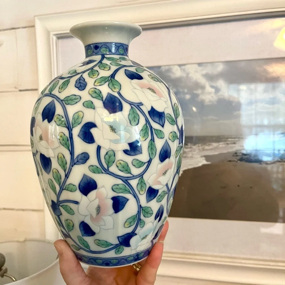 Vintage Maebata Japan Lotus Floral Andrea by Sadek Blue and White Vase